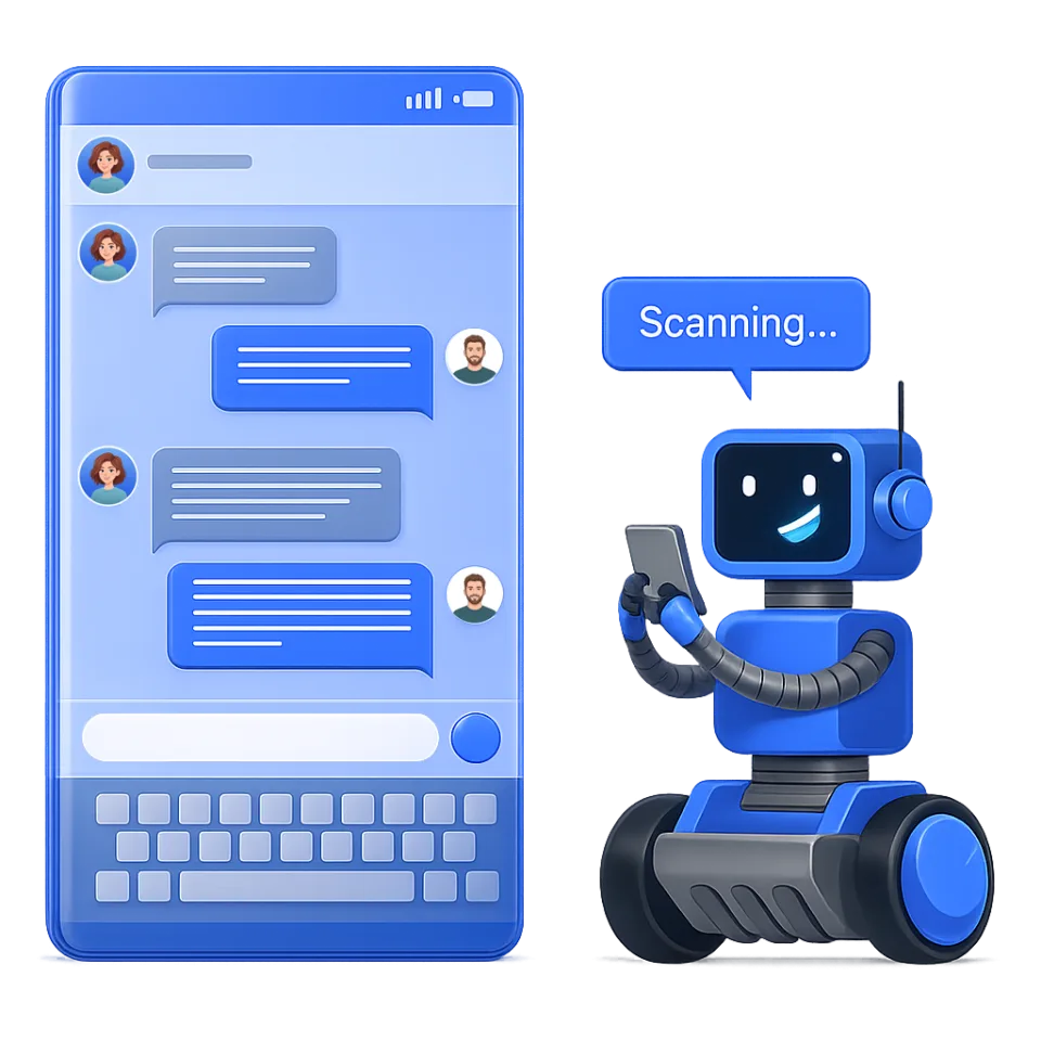 A friendly robot scanning a chat conversation on a phone